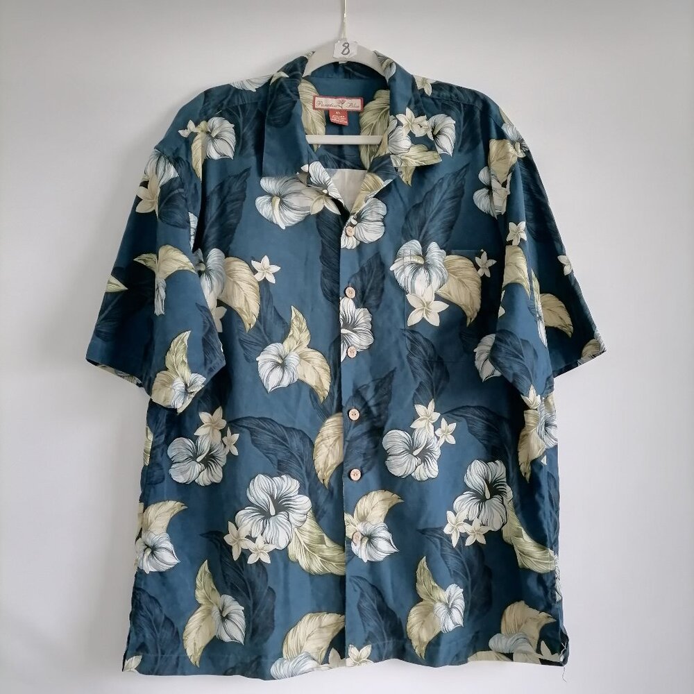 Paradise Blue Mens Blue Classic Look Floral Print Hawaiian Silk Shirt Size XL